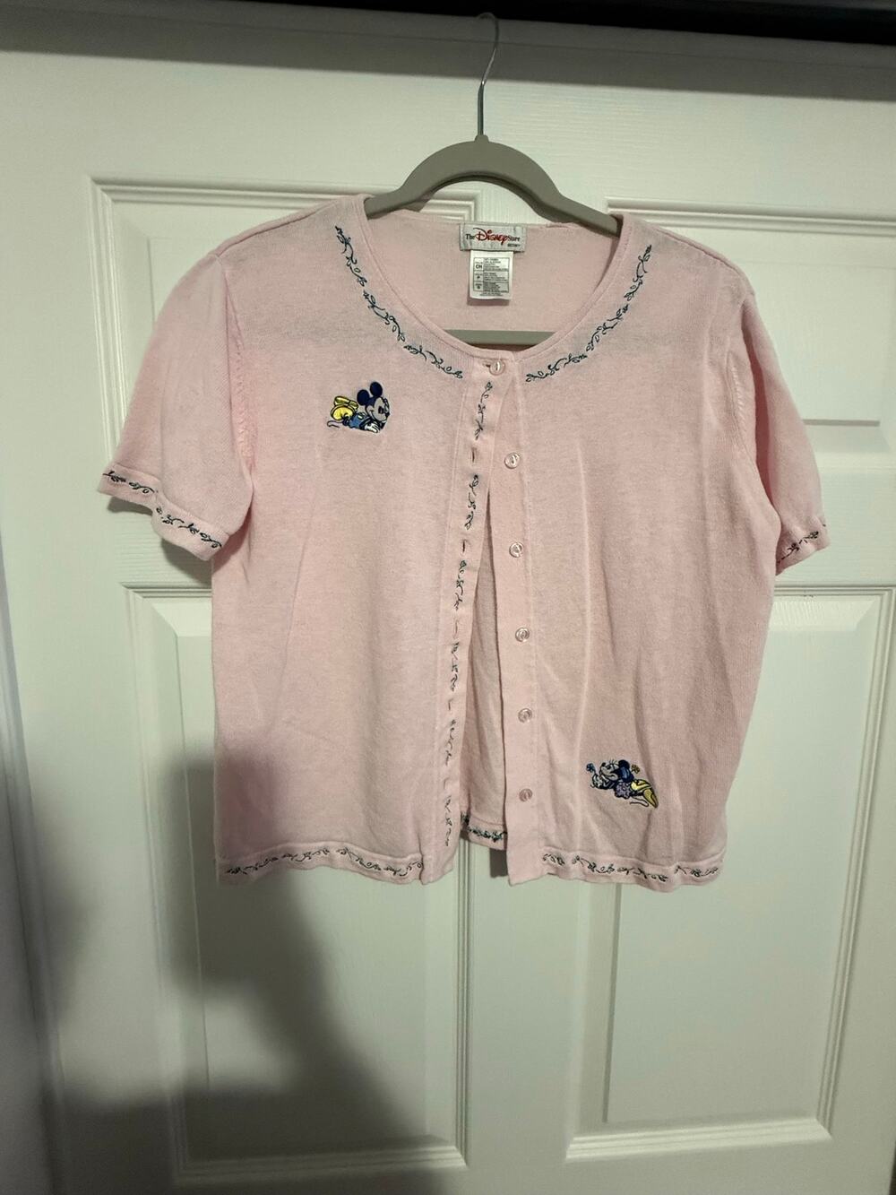 Vintage 90s Disney Store Mickey & Minnie Baby Pink Embroidered Cardigan